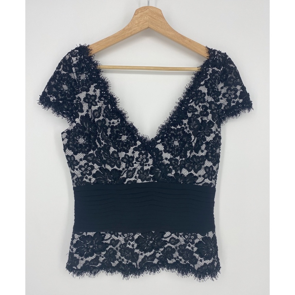 NWT Tadashi Collection Black White Beaded Lace Overlay Top Size 8